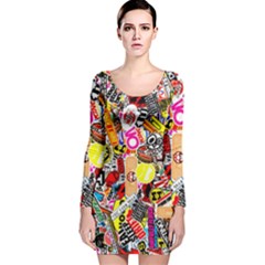 Sticker Bomb, Art, Cartoon, Dope Long Sleeve Velvet Bodycon Dress by nateshop