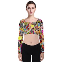 Sticker Bomb, Art, Cartoon, Dope Velvet Long Sleeve Crop Top by nateshop