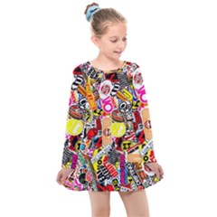 Sticker Bomb, Art, Cartoon, Dope Kids  Long Sleeve Dress by nateshop