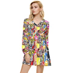 Sticker Bomb, Art, Cartoon, Dope Tiered Long Sleeve Mini Dress by nateshop