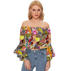 Sticker Bomb, Art, Cartoon, Dope Off Shoulder Flutter Bell Sleeve Top by nateshop