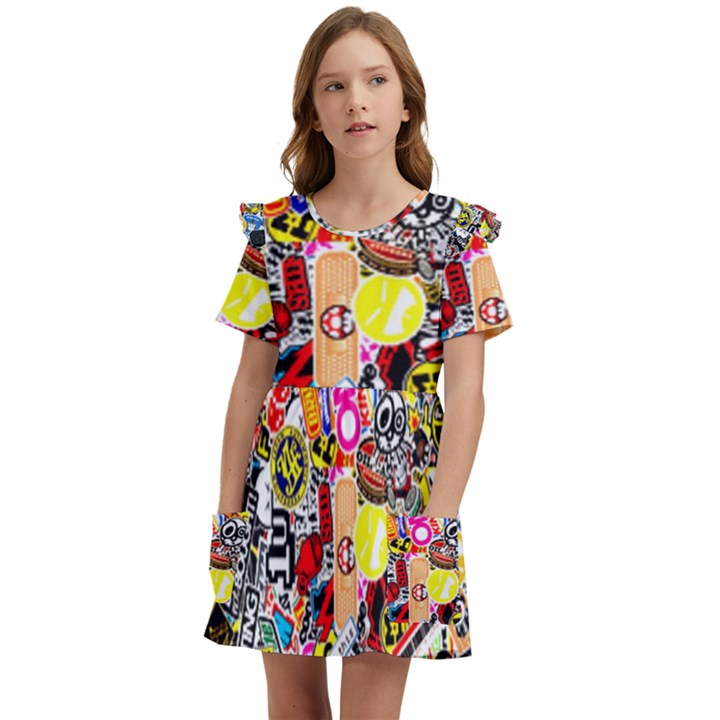 Sticker Bomb, Art, Cartoon, Dope Kids  Frilly Sleeves Pocket Dress