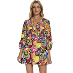 Sticker Bomb, Art, Cartoon, Dope V-neck Placket Mini Dress by nateshop