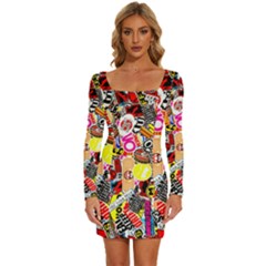 Sticker Bomb, Art, Cartoon, Dope Long Sleeve Square Neck Bodycon Velvet Dress by nateshop