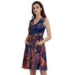 Floral Leaves Sleeveless Dress With Pocket