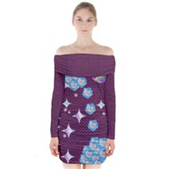 Purple Colour Sparkle Flowers Design Long Sleeve Off Shoulder Dress by Trending