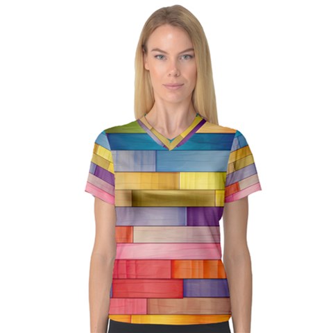 Rainbow Wood V-neck Sport Mesh T-shirt by zappwaits