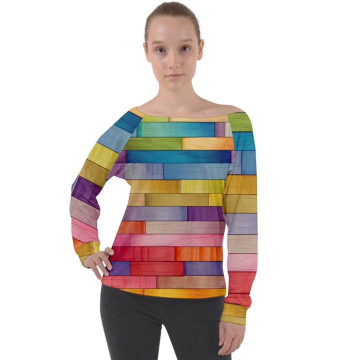 Rainbow Wood Off Shoulder Long Sleeve Velour Top