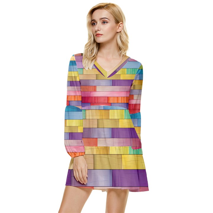 Rainbow Wood Tiered Long Sleeve Mini Dress