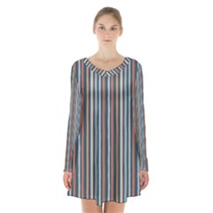 Stripes Long Sleeve Velvet V-neck Dress