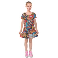 Comic Cartoon Pattern Kids  Short Sleeve Velvet Dress