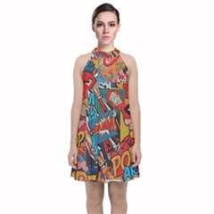 Comic Cartoon Pattern Velvet Halter Neckline Dress 