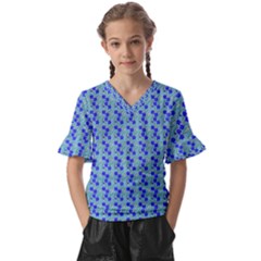 Skyblue Floral Kids  V-neck Horn Sleeve Blouse by Sparkle