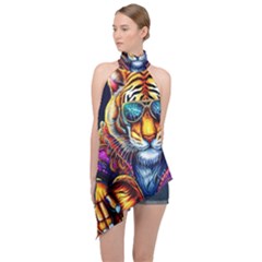 Tiger Rockingstar Halter Asymmetric Satin Top by Sparkle