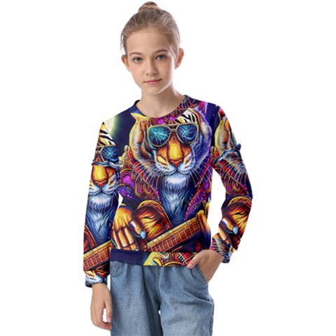 Tiger Rockingstar Kids  Long Sleeve T-shirt With Frill  by Sparkle