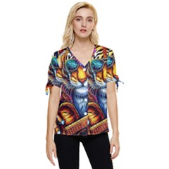 Tiger Rockingstar Bow Sleeve Button Up Top