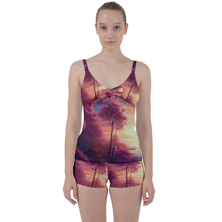 Pink Nature Tie Front Two Piece Tankini