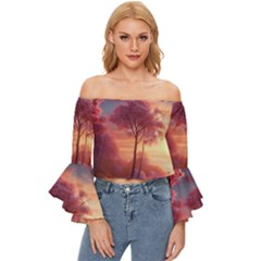 Pink Nature Off Shoulder Flutter Bell Sleeve Top