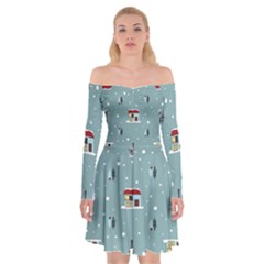 Seamless Pattern With Festive Christmas Houses Trees In Snow And Snowflakes Off Shoulder Skater Dress by Grandong