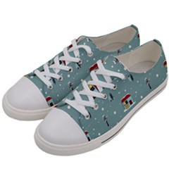 Seamless Pattern With Festive Christmas Houses Trees In Snow And Snowflakes Women s Low Top Canvas Sneakers by Grandong