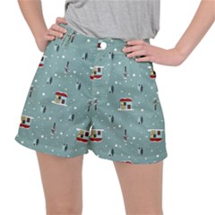 Seamless Pattern With Festive Christmas Houses Trees In Snow And Snowflakes Women s Ripstop Shorts by Grandong