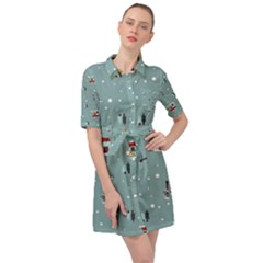 Seamless Pattern With Festive Christmas Houses Trees In Snow And Snowflakes Belted Shirt Dress by Grandong