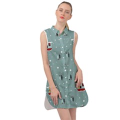 Seamless Pattern With Festive Christmas Houses Trees In Snow And Snowflakes Sleeveless Shirt Dress by Grandong