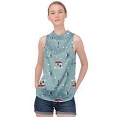 Seamless Pattern With Festive Christmas Houses Trees In Snow And Snowflakes High Neck Satin Top by Grandong