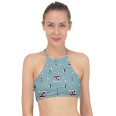 Seamless Pattern With Festive Christmas Houses Trees In Snow And Snowflakes Halter Bikini Top by Grandong