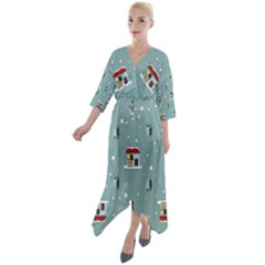 Seamless Pattern With Festive Christmas Houses Trees In Snow And Snowflakes Quarter Sleeve Wrap Front Maxi Dress by Grandong