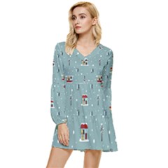 Seamless Pattern With Festive Christmas Houses Trees In Snow And Snowflakes Tiered Long Sleeve Mini Dress by Grandong