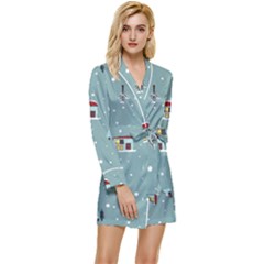 Seamless Pattern With Festive Christmas Houses Trees In Snow And Snowflakes Long Sleeve Satin Robe by Grandong