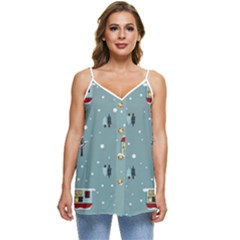 Seamless Pattern With Festive Christmas Houses Trees In Snow And Snowflakes Casual Spaghetti Strap Chiffon Top by Grandong