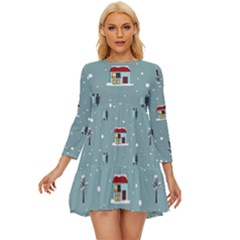 Seamless Pattern With Festive Christmas Houses Trees In Snow And Snowflakes Long Sleeve Babydoll Dress by Grandong