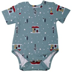 Seamless Pattern With Festive Christmas Houses Trees In Snow And Snowflakes Baby Short Sleeve Bodysuit by Grandong