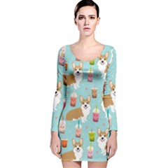 Welsh Corgis Dog Boba Tea Bubble Tea Cute Kawaii Long Sleeve Velvet Bodycon Dress by Grandong