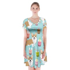 Welsh Corgis Dog Boba Tea Bubble Tea Cute Kawaii Short Sleeve V-neck Flare Dress by Grandong