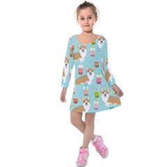 Welsh Corgis Dog Boba Tea Bubble Tea Cute Kawaii Kids  Long Sleeve Velvet Dress by Grandong