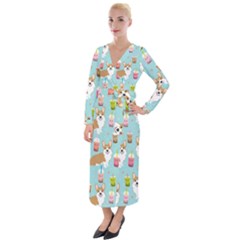 Welsh Corgis Dog Boba Tea Bubble Tea Cute Kawaii Velvet Maxi Wrap Dress by Grandong