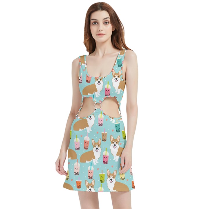 Welsh Corgis Dog Boba Tea Bubble Tea Cute Kawaii Velour Cutout Dress