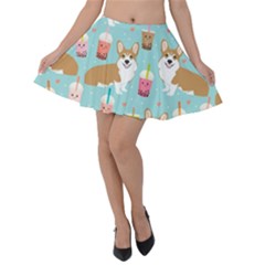 Welsh Corgis Dog Boba Tea Bubble Tea Cute Kawaii Velvet Skater Skirt by Grandong