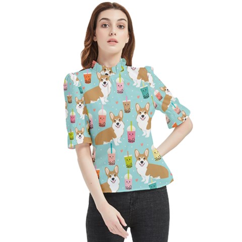 Welsh Corgis Dog Boba Tea Bubble Tea Cute Kawaii Frill Neck Blouse by Grandong