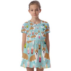 Welsh Corgis Dog Boba Tea Bubble Tea Cute Kawaii Kids  Short Sleeve Pinafore Style Dress by Grandong