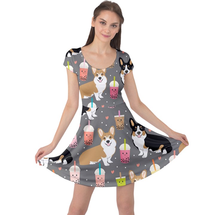 Welsh Corgi Dog Boba Tea Bubble Kawaii Cap Sleeve Dress