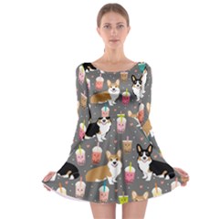 Welsh Corgi Dog Boba Tea Bubble Kawaii Long Sleeve Skater Dress by Grandong