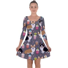 Welsh Corgi Dog Boba Tea Bubble Kawaii Quarter Sleeve Skater Dress by Grandong