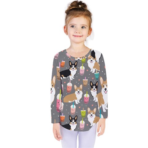 Welsh Corgi Dog Boba Tea Bubble Kawaii Kids  Long Sleeve T-shirt by Grandong