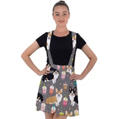 Welsh Corgi Dog Boba Tea Bubble Kawaii Velvet Suspender Skater Skirt by Grandong