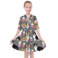 Welsh Corgi Dog Boba Tea Bubble Kawaii Kids  All Frills Chiffon Dress by Grandong