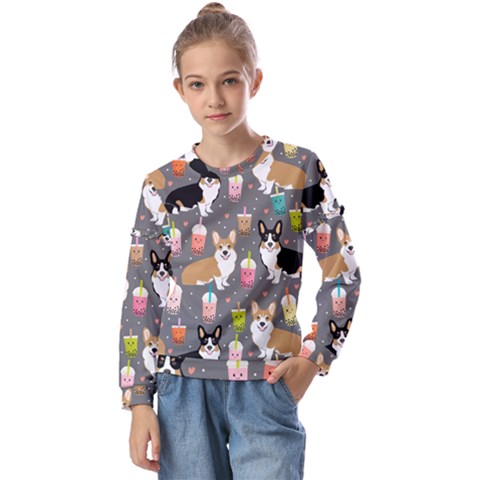 Welsh Corgi Dog Boba Tea Bubble Kawaii Kids  Long Sleeve T-shirt With Frill  by Grandong